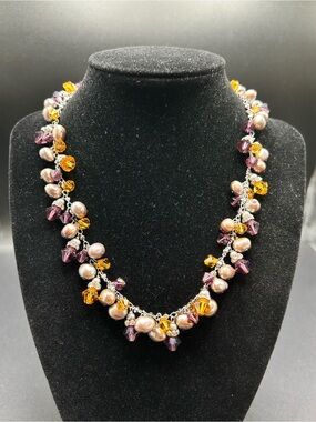 VTG Sterling 925 Genuine Pearls and Crystals Beaded Cha Cha Necklace